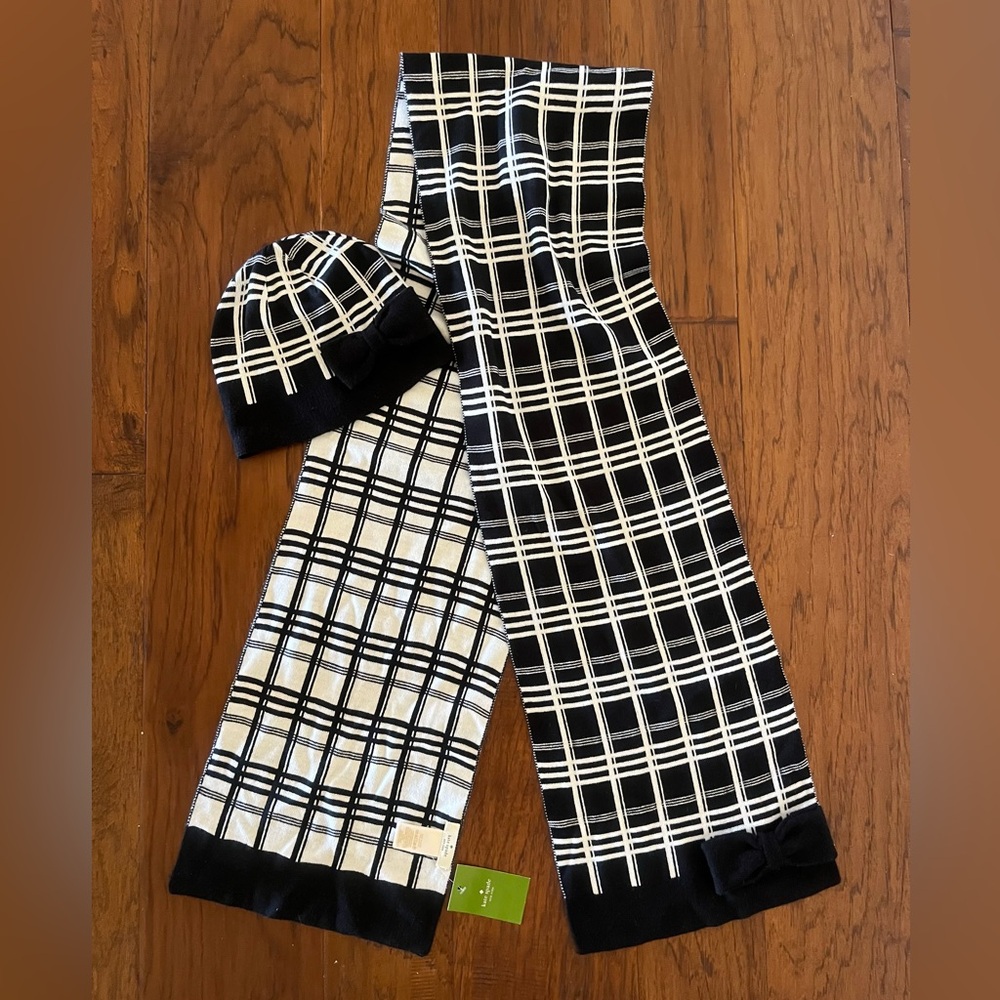 NWT Kate Spade Black and White Plaid Scarf and Matching Beanie - Picture 11 of 12